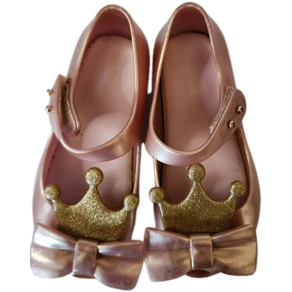 Mini Melissa Princess Crown Shoes Mary Jane Pearly Gold Sz 9 toddler Peep Toe
